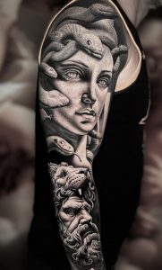 Realistic Medusa tattoo, black and gray.