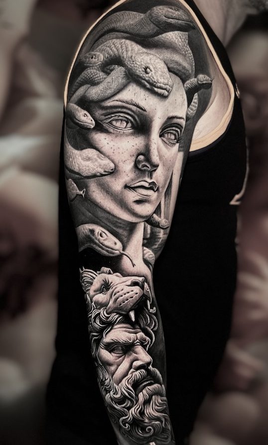 Realistic Medusa tattoo, black and gray.