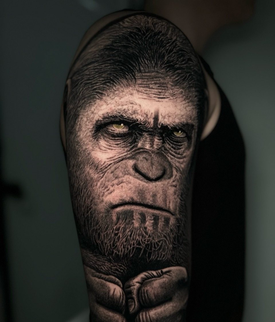 Black and grey tattoo showing strong contrast and realistic shading